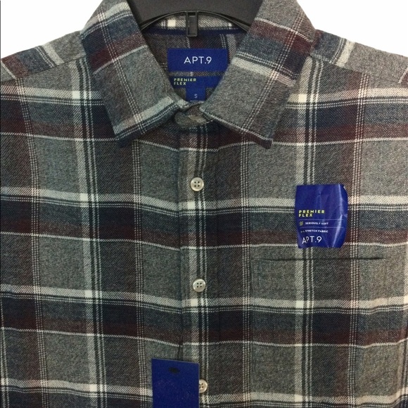 Men's Apt. 9 Small 34 - 36 Flannel Shirt Plaid Gray Blue Long Sleeve Stretch NWT - Picture 8 of 12